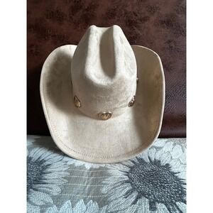 Illuma Tan Faux Suede Cowboy Hat Gold Heart Concho Western Boho Beige